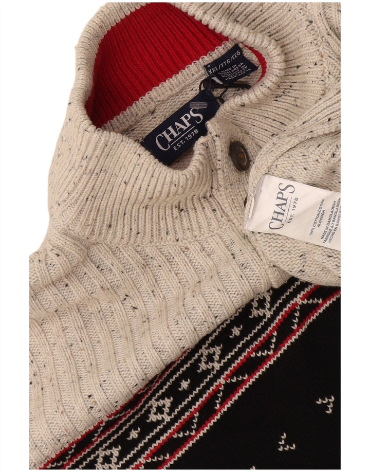 Chaps Herre Button Neck Jumper Sweater 2XL Grå Fair Isle Bomuld