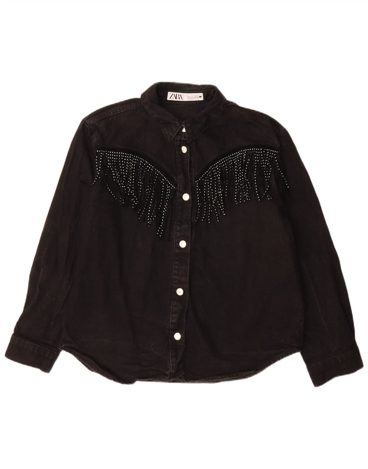 Zara Dame Oversized Denim Shirt UK 10 Small Black Bomuld