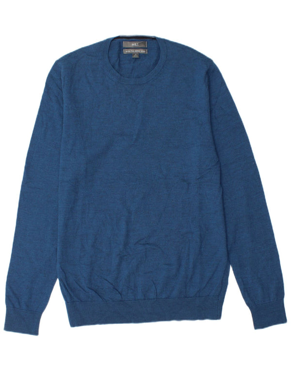 Marks & Spencer Mens Crew Neck Jumper Sweater Medium Blue Merino Wool