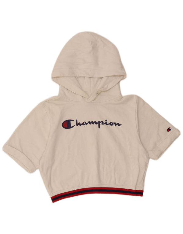 CHAMPION Dame Crop Grafisk Kortærmet Hoodie Jumper UK 10 Small White