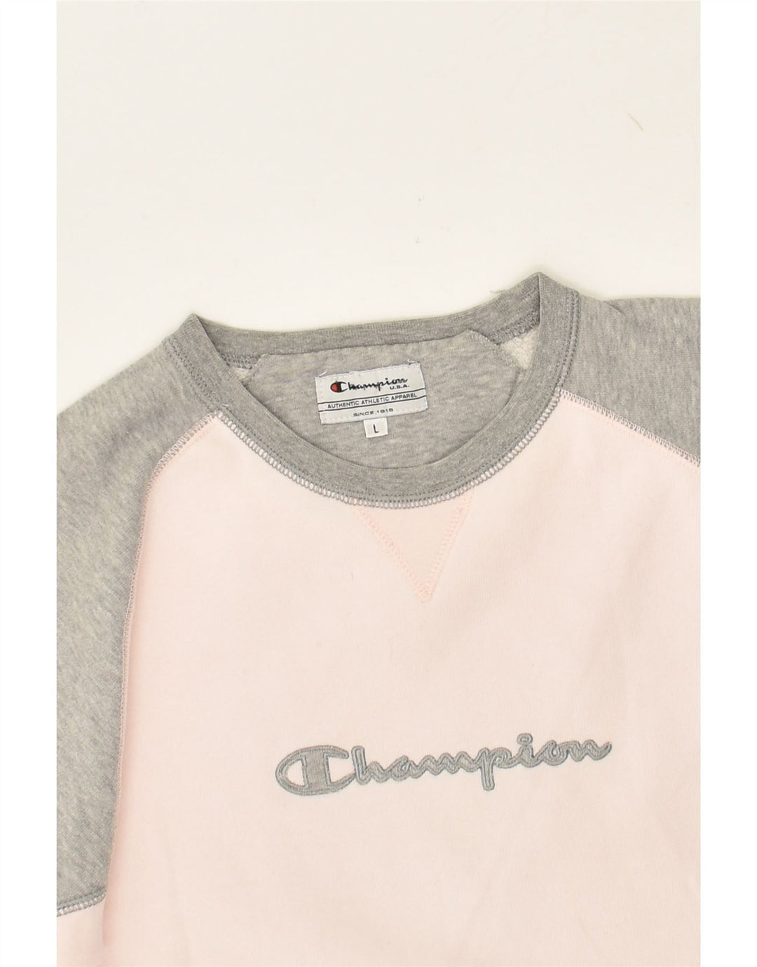 CHAMPION Womens Graphic Sweatshirt Jumper UK 16 Large Grey Colourblock | Vintage Champion | Thrift | Second-Hand Champion | Used Clothing | Messina Hembry 