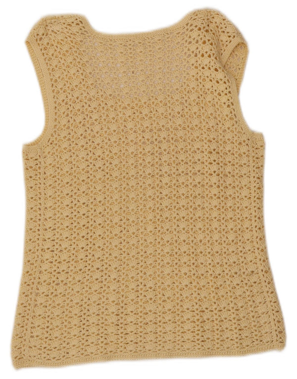 Vintage Dame Crop Hæklet Vest Tank Top UK 6 XS Gul
