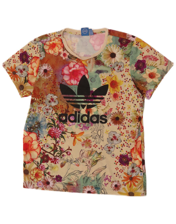 Adidas Dame Grafisk T-Shirt Top UK 12 Medium Beige Floral Polyester