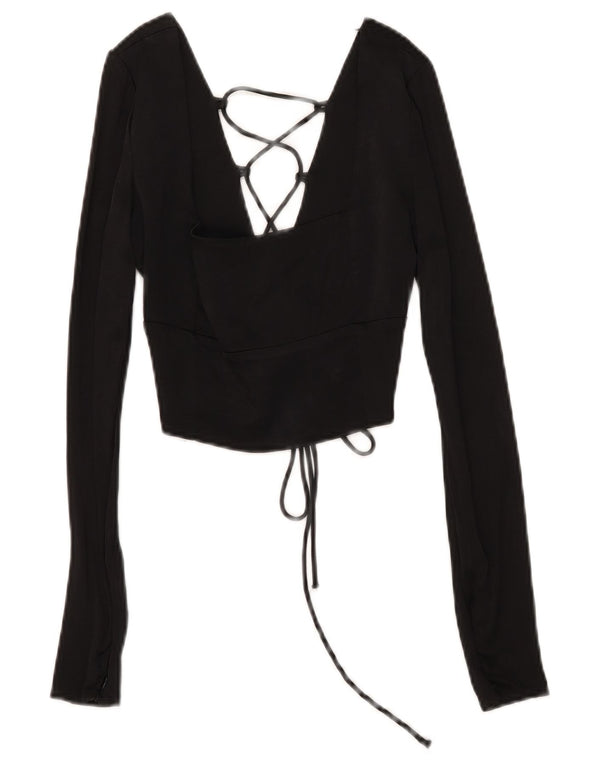 Zara Dame Crop Langærmet Bluse Top UK 6 XS Sort Viscose