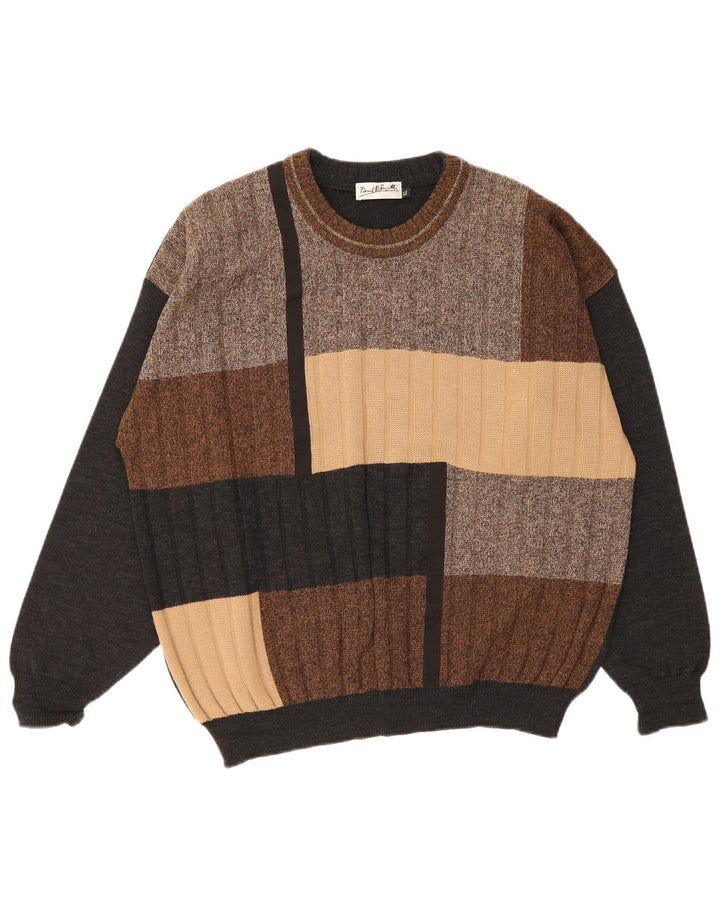 Vintage herre sweater med rund hals XL flerfarvet Colourblock Uld