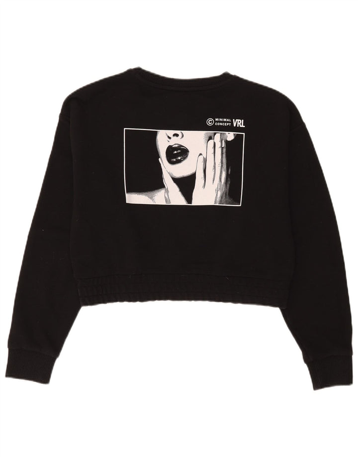 Minimal Womens Crop Graphic Sweatshirt Jumper UK 10 Small Black Bomuld