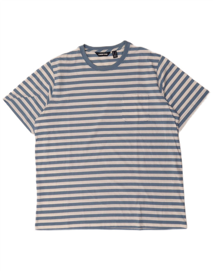 Lands End Herre T-Shirt Top XL Blå Stribet Bomuld