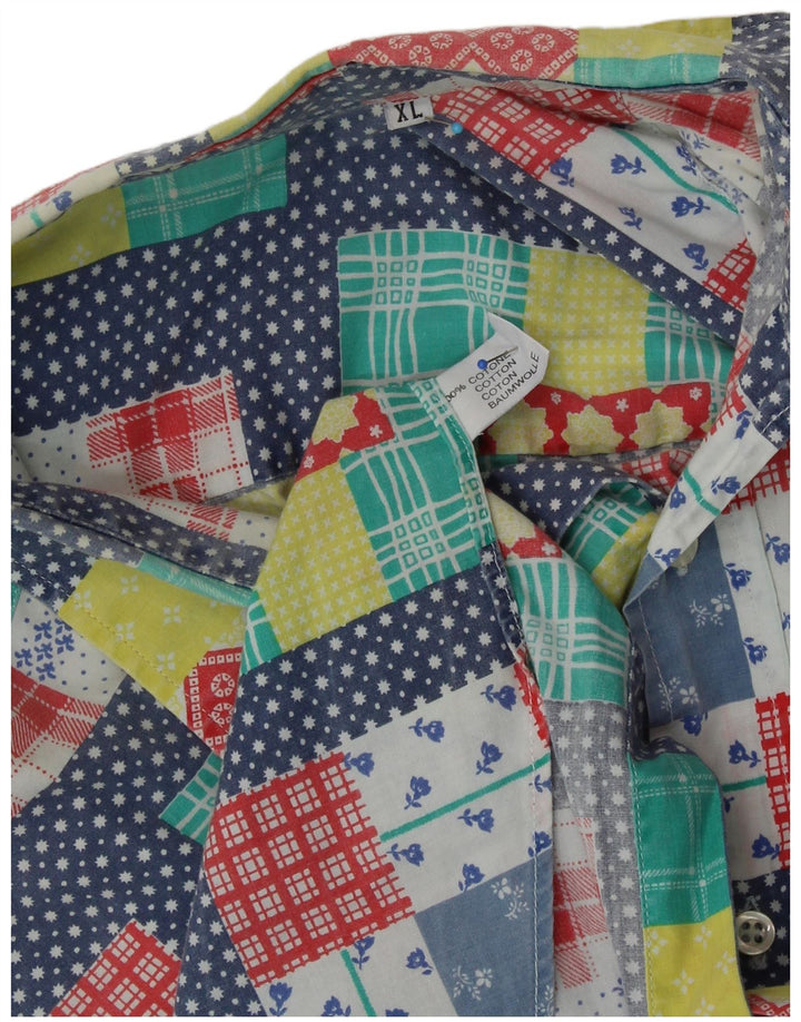 VINTAGE Kortærmet Herreskjorte XL Flerfarvet Patchwork Bomuld