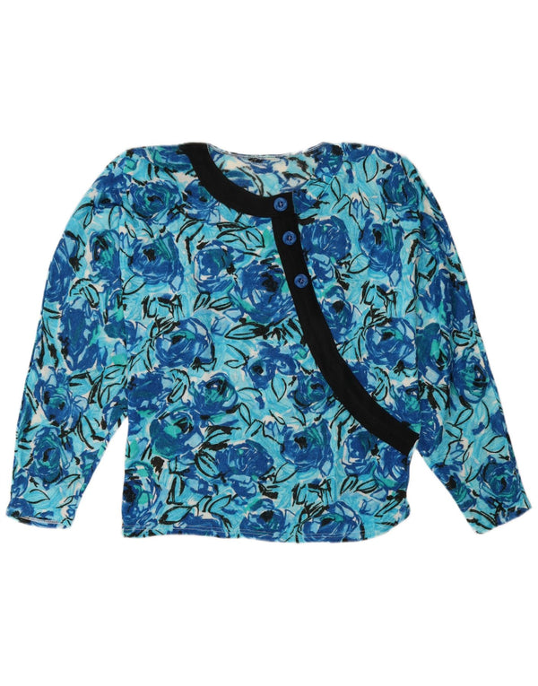 Vintage Kvinders Boat Neck Jumper Sweater UK 14 Medium Blue Floral Acryl