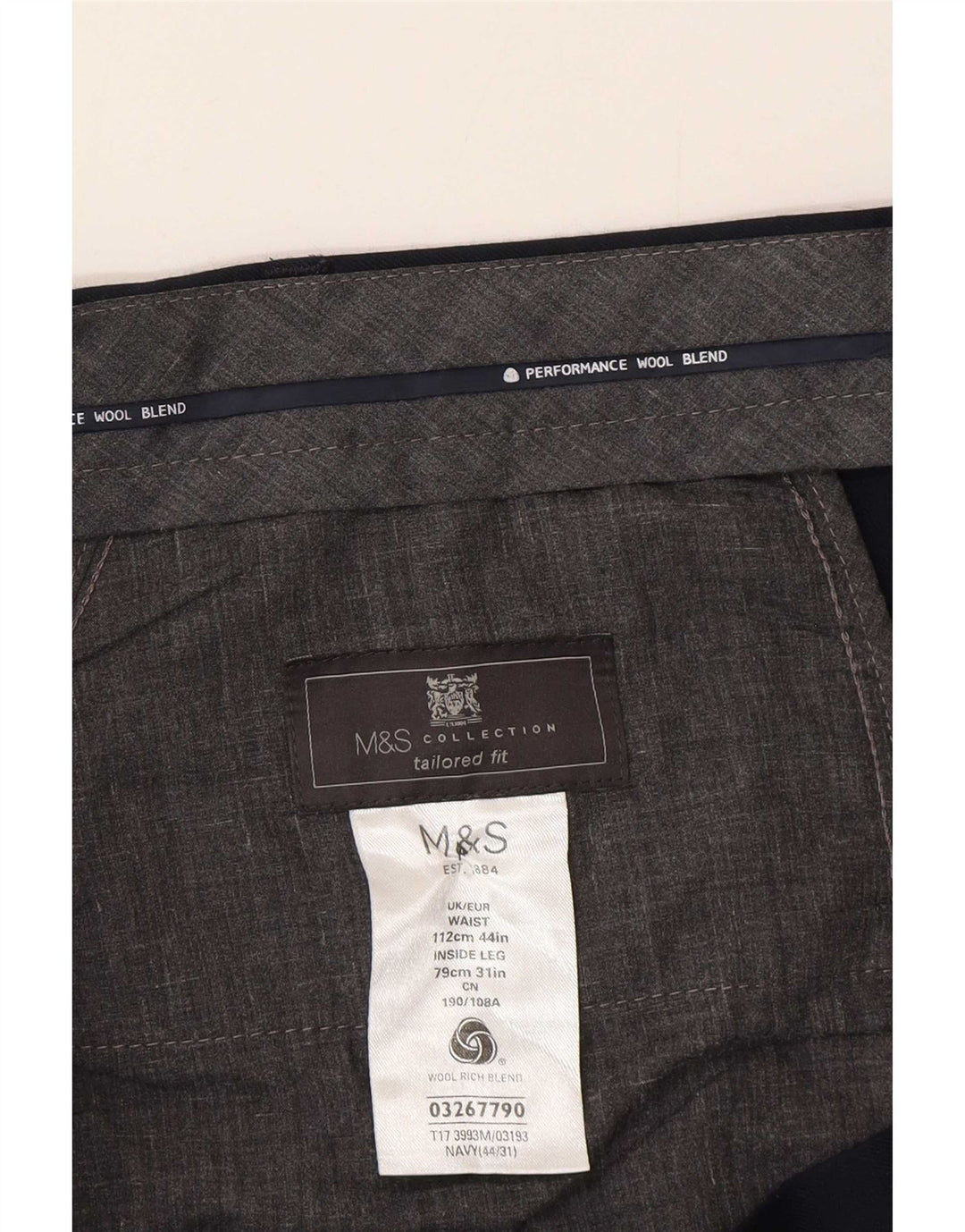 Marks & Spencer Herre skræddersyede jakkesætsbukser W44 L31 Marineblå uld