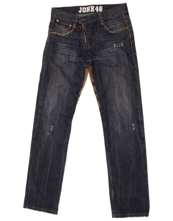 Jonk 46 Dame Grafiske Straight Jeans IT 42 Medium W28 L34 Marineblå Bomuld