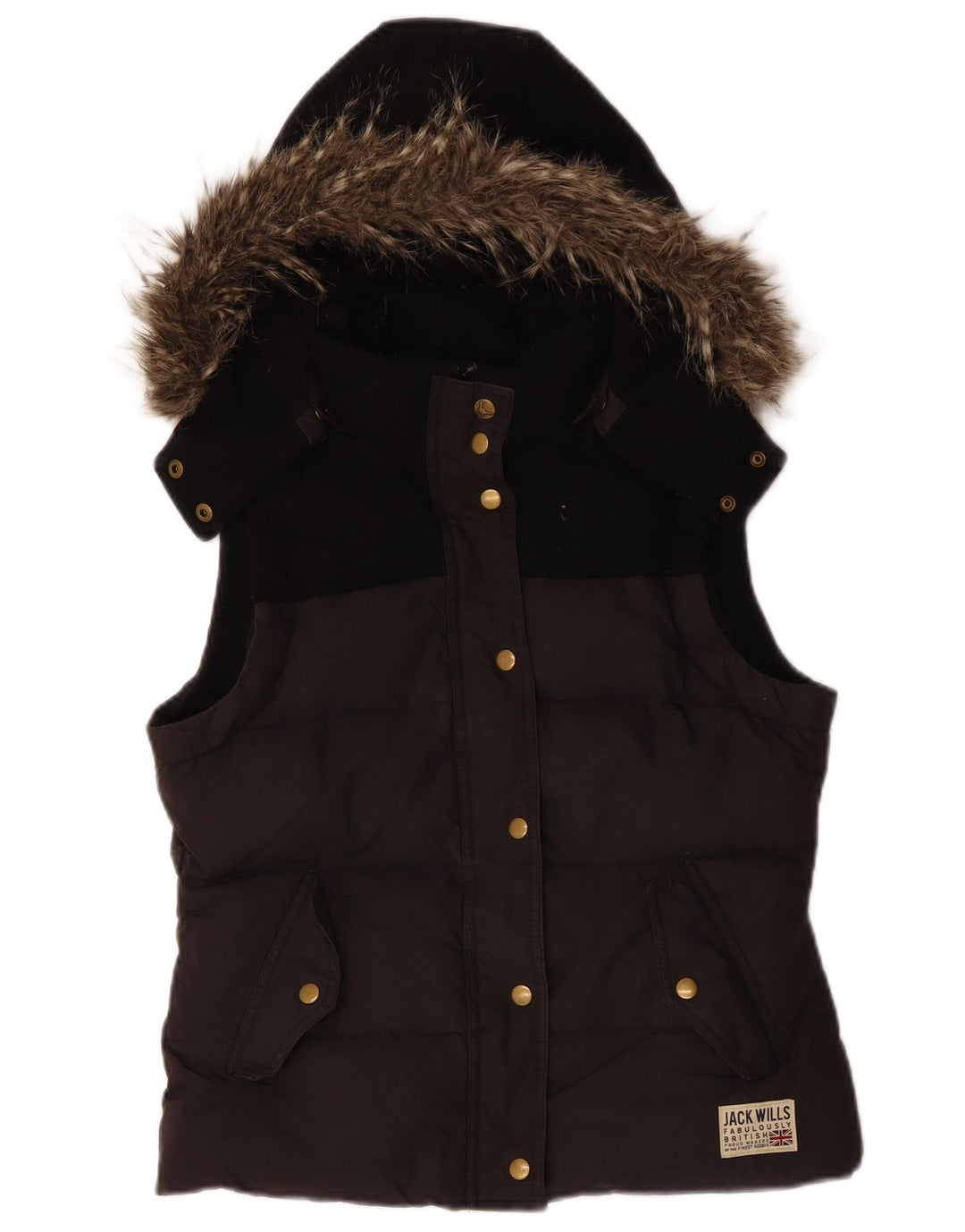 JACK WILLS Dame hætte polstret Gilet UK 12 Medium Black Colourblock