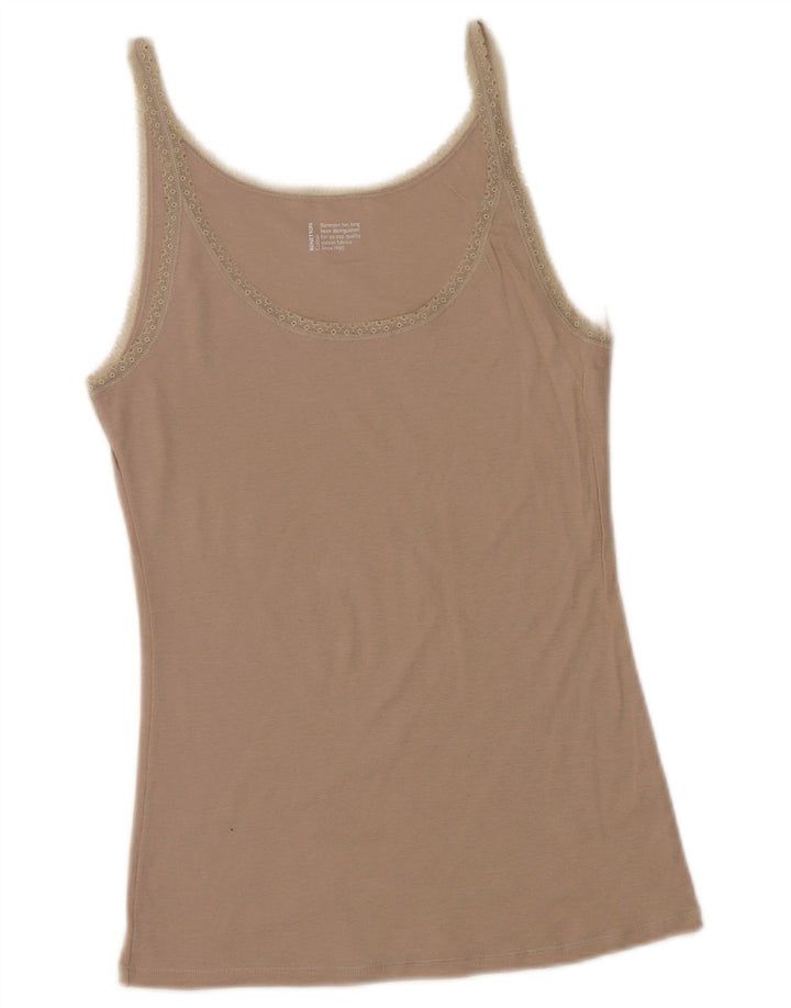 BENETTON Dame Cami Top UK 14 Stor Beige Blomster Bomuld