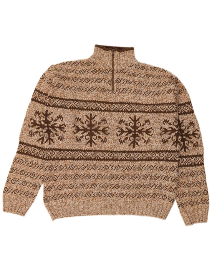 Vintage Herre Zip Neck Jumper Sweater Medium Brown Fair Isle Akryl