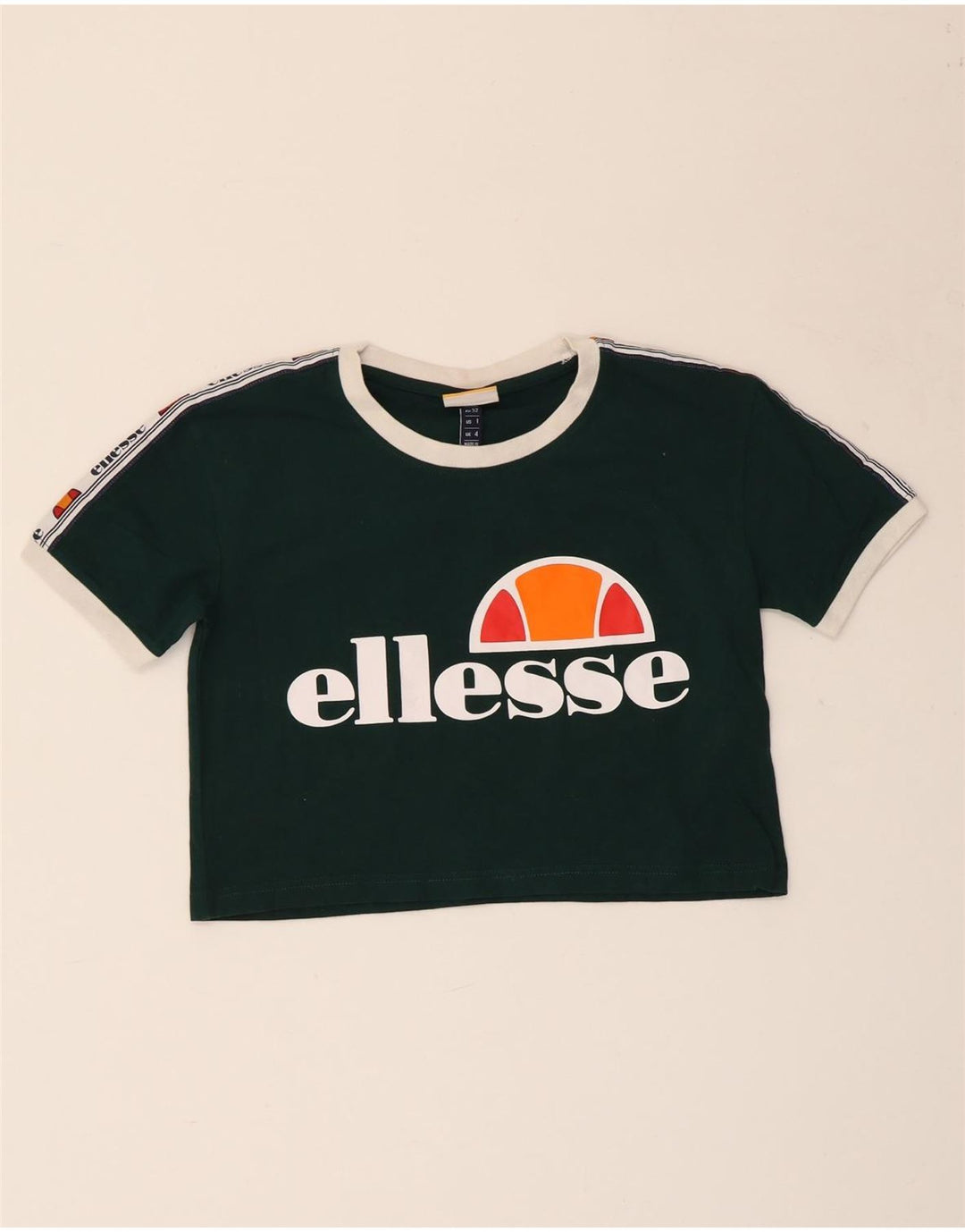 ELLESSE Dame Crop Grafisk T-Shirt Top UK 4 XS Grøn Bomuld