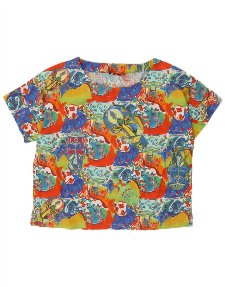 Vintage Kvinders Grafisk Bluse Top UK 14 Medium Flerfarvet Blomsterbomuld