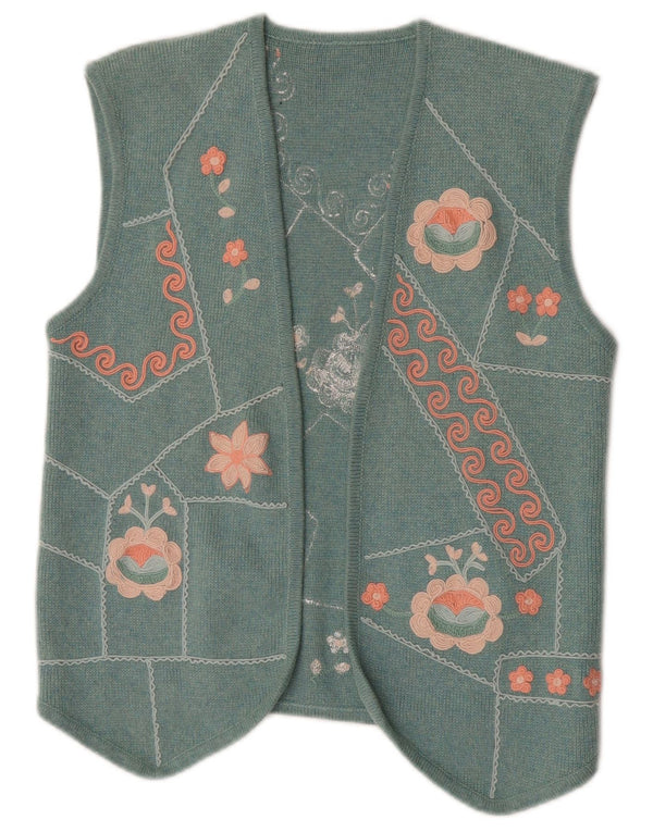 Vintage Damestrik ÅBEN vest UK 12 Medium Turkis Floral Cashmere