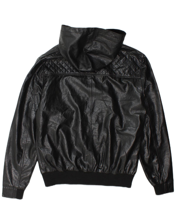 Ecko Unltd Herre Hooded Faux Leather Bomber Jacket UK 38 Medium Black
