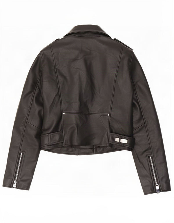 Zara Womens Crop Biker-jakke i imiteret læder UK 6 XS Sort