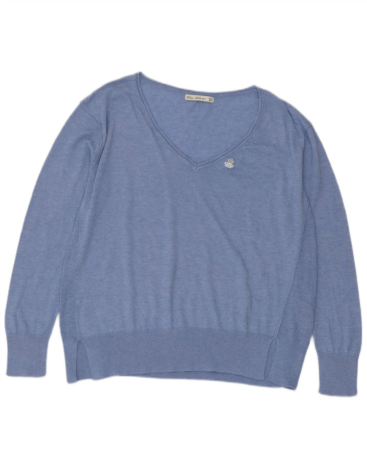 Zara Dame V-hals sweater UK 14 Medium Blue Polyester