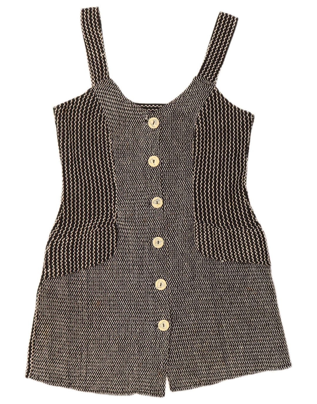 Vintage Kvinder Pinafore Kjole UK 12 Medium Sort Chevron Bomuld