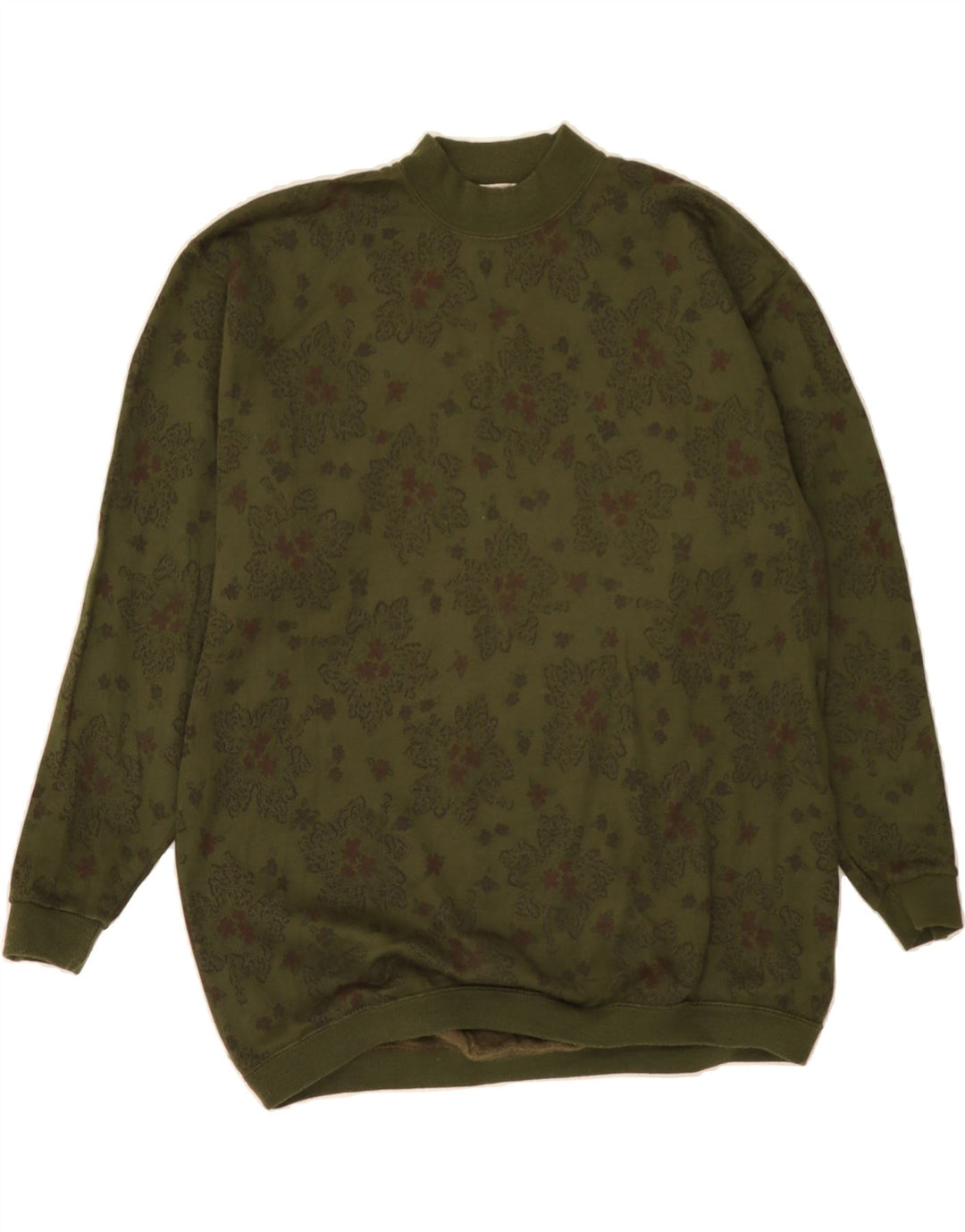 GREAT BAY Womens Turtle Neck Jumper Sweater UK 14 Medium Khaki Floral Vintage Great Bay and Second-Hand Great Bay from Messina Hembry 