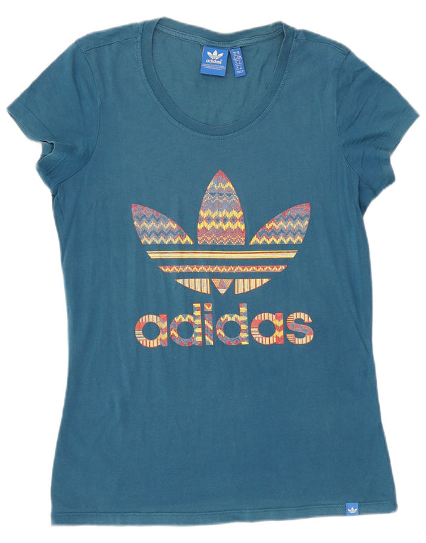 Adidas Dame Grafisk T-Shirt Top UK 14 Medium Blue Bomuld
