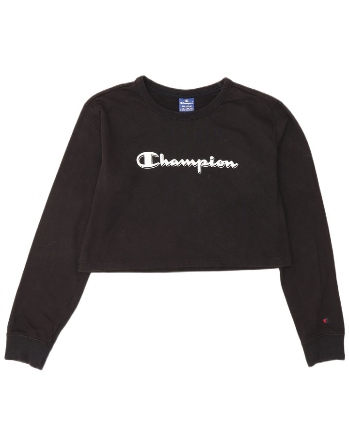 CHAMPION Dame Crop Grafisk Top Langærmet UK 12 Medium Sort Bomuld