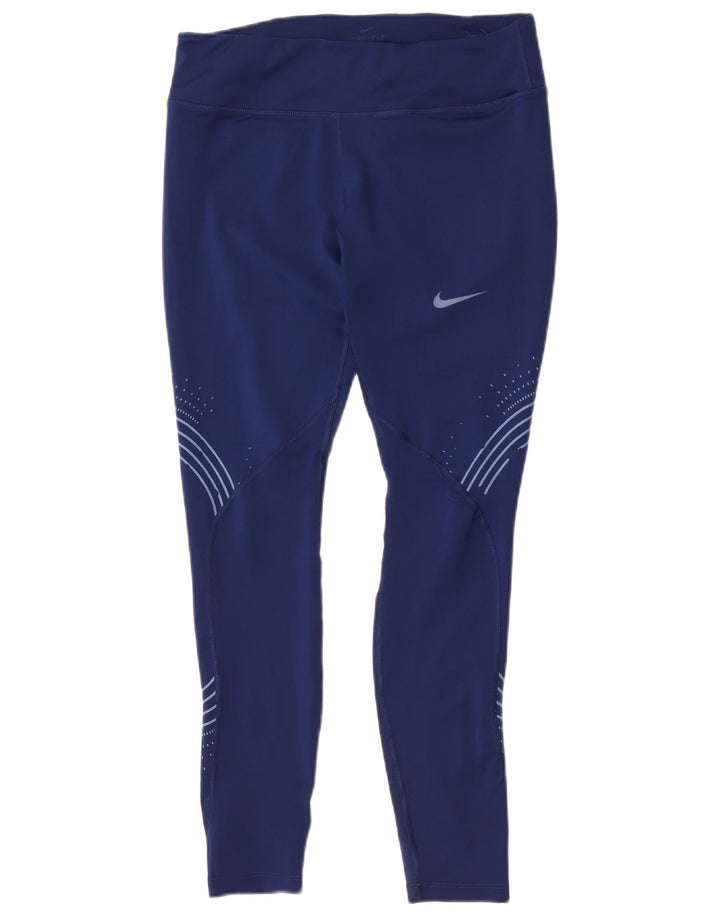 Nike Dame Dri Fit Leggings UK 14 Large Navy Blue Geometrisk Polyester