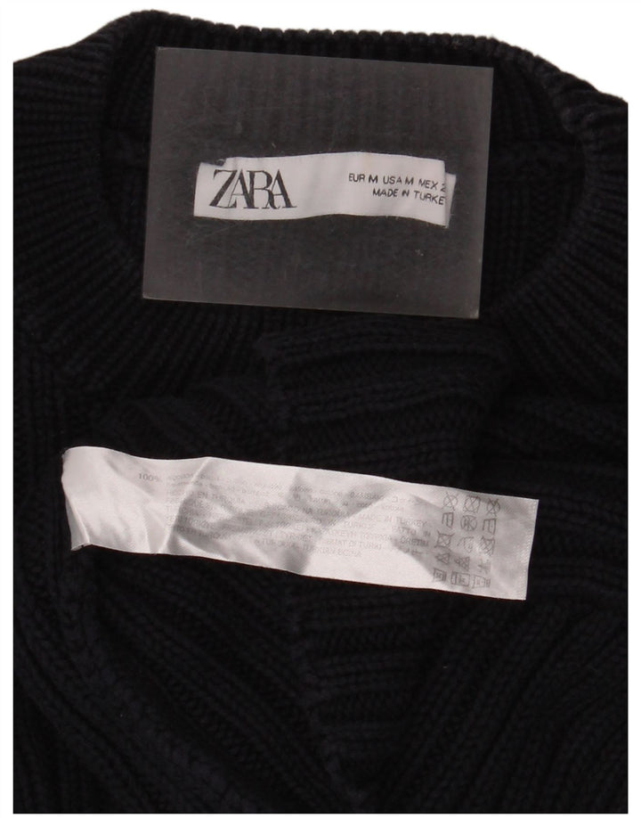 Zara Womens Crop Crew Neck Jumper Sweater UK 14 Medium Navy Blue