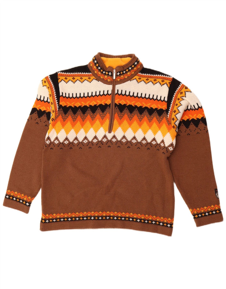 Campagnolo Herre Zip Neck Jumper Sweater Medium Brun Geometrisk Uld