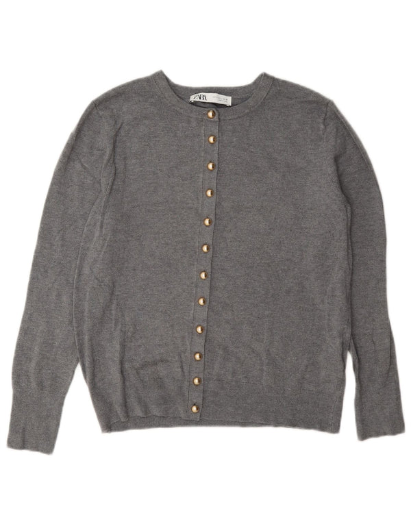 Zara Dame Cardigan Sweater UK 14 Large Grå Viscose Classic