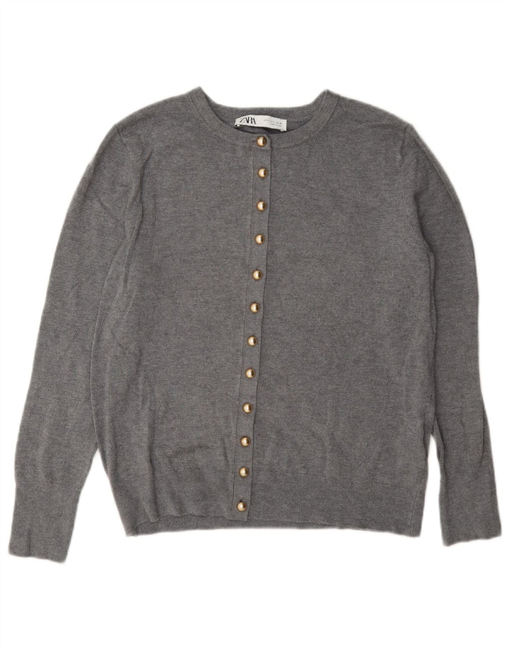 Zara Dame Cardigan Sweater UK 14 Large Grå Viscose Classic