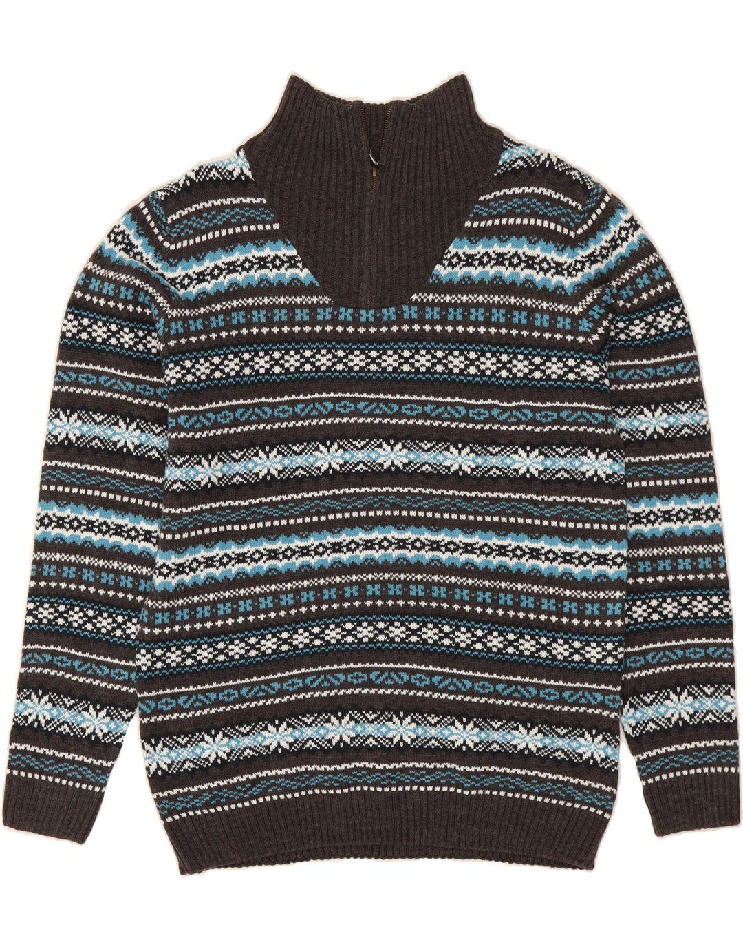 VINTAGE Mens Zip Neck Jumper Sweater Medium Grey Fair Isle Winter Vintage Vintage and Second-Hand Vintage from Messina Hembry 