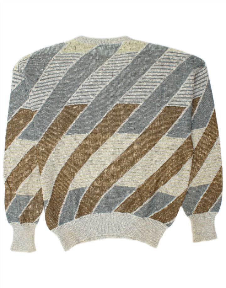 Vintage herre rund hals sweater medium flerfarvet stribet bomuld