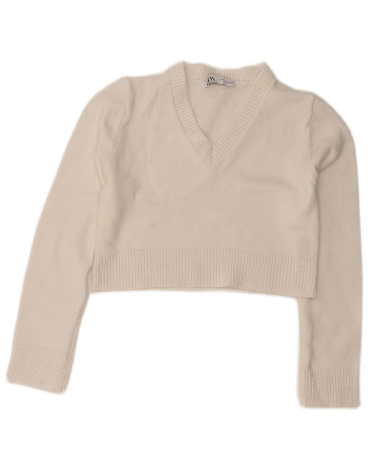 Zara Womens Crop V-hals sweater UK 12 Medium White Viscose