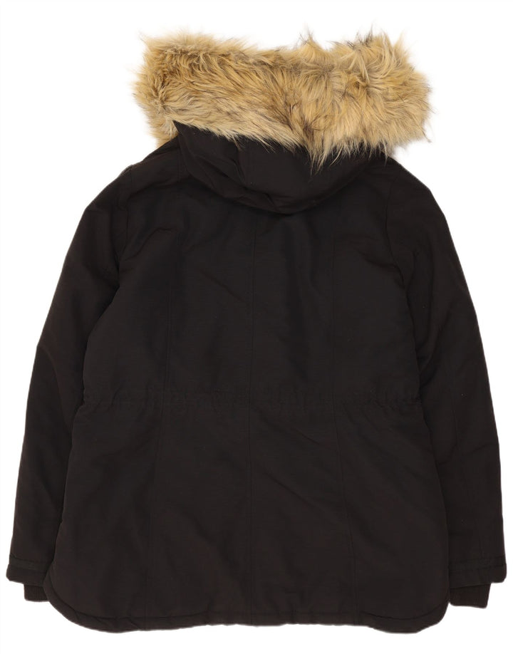 Monsoon Dame Hooded Parka Jacket UK 14 Stor Sort Bomuld