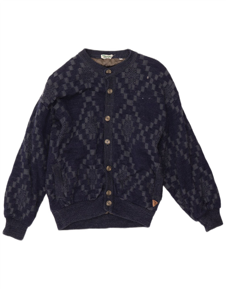 VINTAGE Herre cardigan sweater Stor marineblå geometrisk viskose
