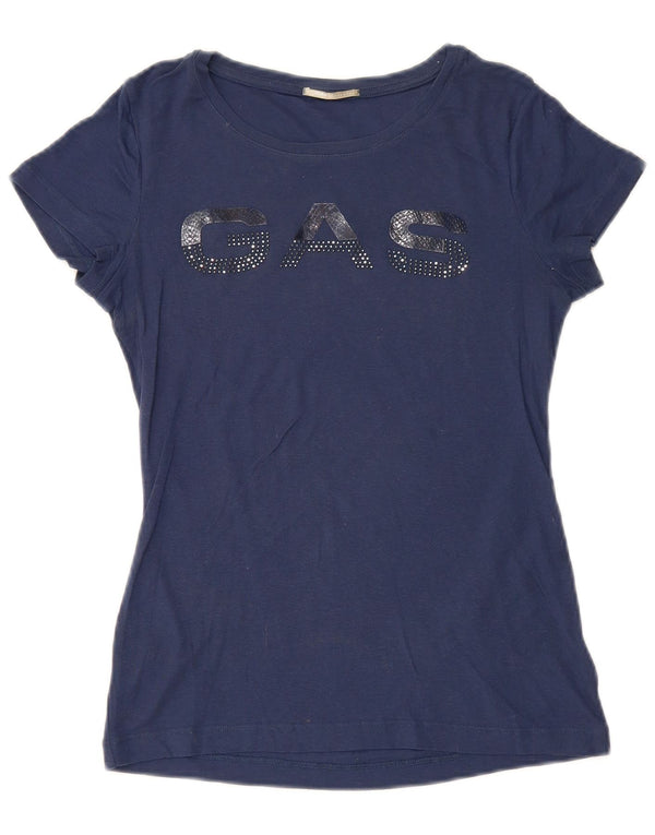 Gas Grafisk T-Shirt Top UK 12 Medium Marineblå Bomuld