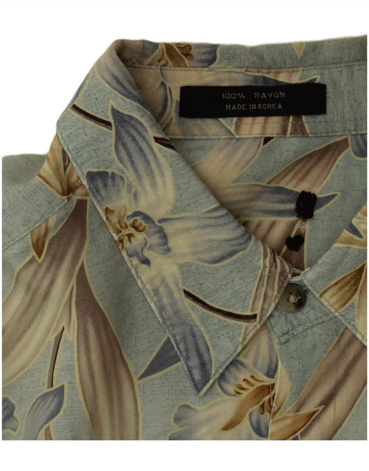 Vintage kortærmet skjorte til mænd Large Blue Floral Rayon