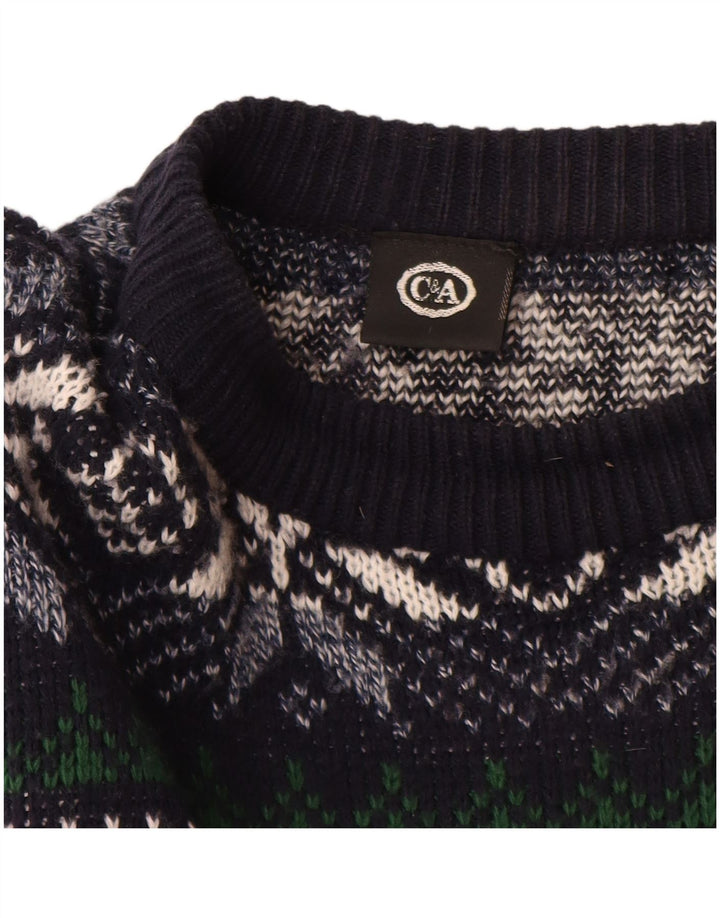 C & A Herre Boat Neck Jumper Sweater Large Navy Blue Fair Isle Polyacrylic