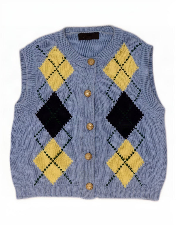 Zara Womens Crop Cardigan Sweater UK 10 Small Blue Argyle/Diamond