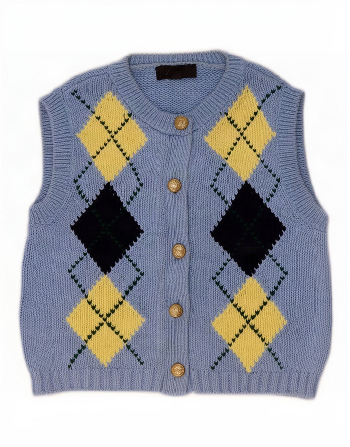 Zara Womens Crop Cardigan Sweater UK 10 Small Blue Argyle/Diamond