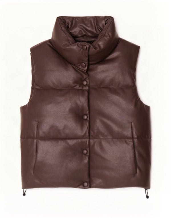Zara Womens Oversized Faux Leather Polstret Gilet UK 10 Small Brown Polyester