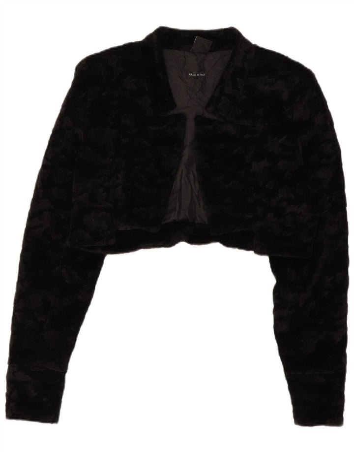 VINTAGE Dame imiteret Pels Bolero Jacket UK 14 Stor Sort Polyester