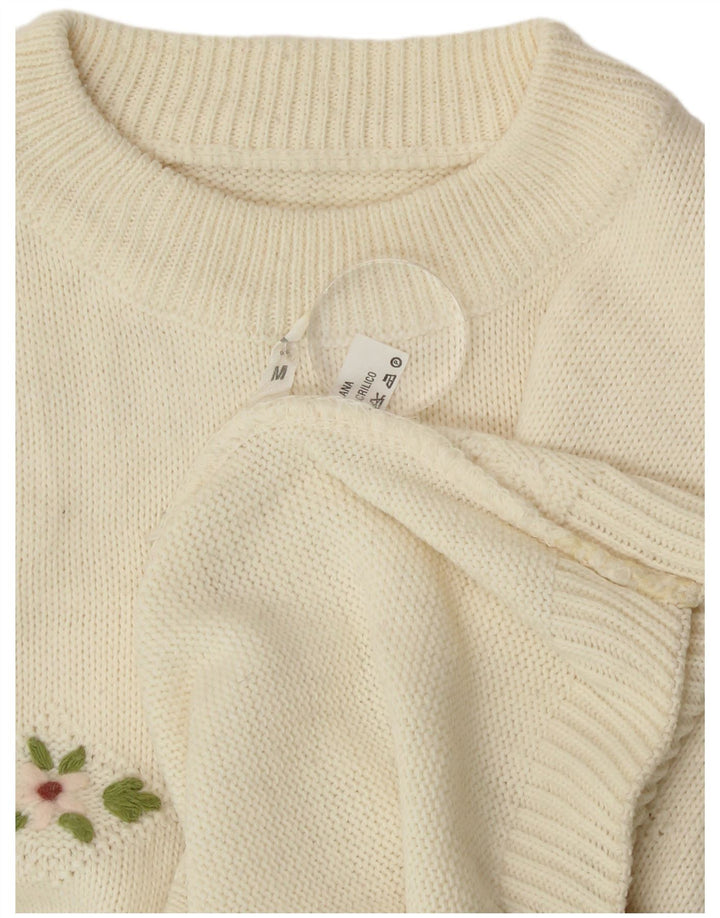 Vintage dame sweater med rund hals DK 14 Medium Off White Uld