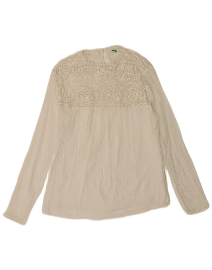 Benetton Dame Langærmet Oversized Bluse Top UK 10 Small White Bomuld