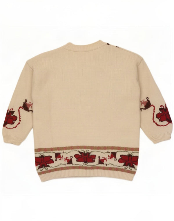 Vintage dame sweater med rund hals DK 14/16 stor beige blomster bomuld