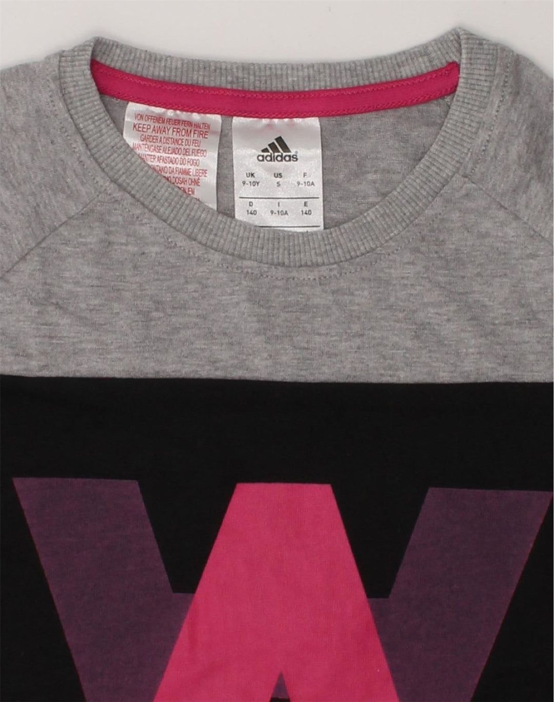 ADIDAS Girls Graphic Top 3/4 Sleeve 9-10 Years Grey Colourblock Cotton | Vintage Adidas | Thrift | Second-Hand Adidas | Used Clothing | Messina Hembry 