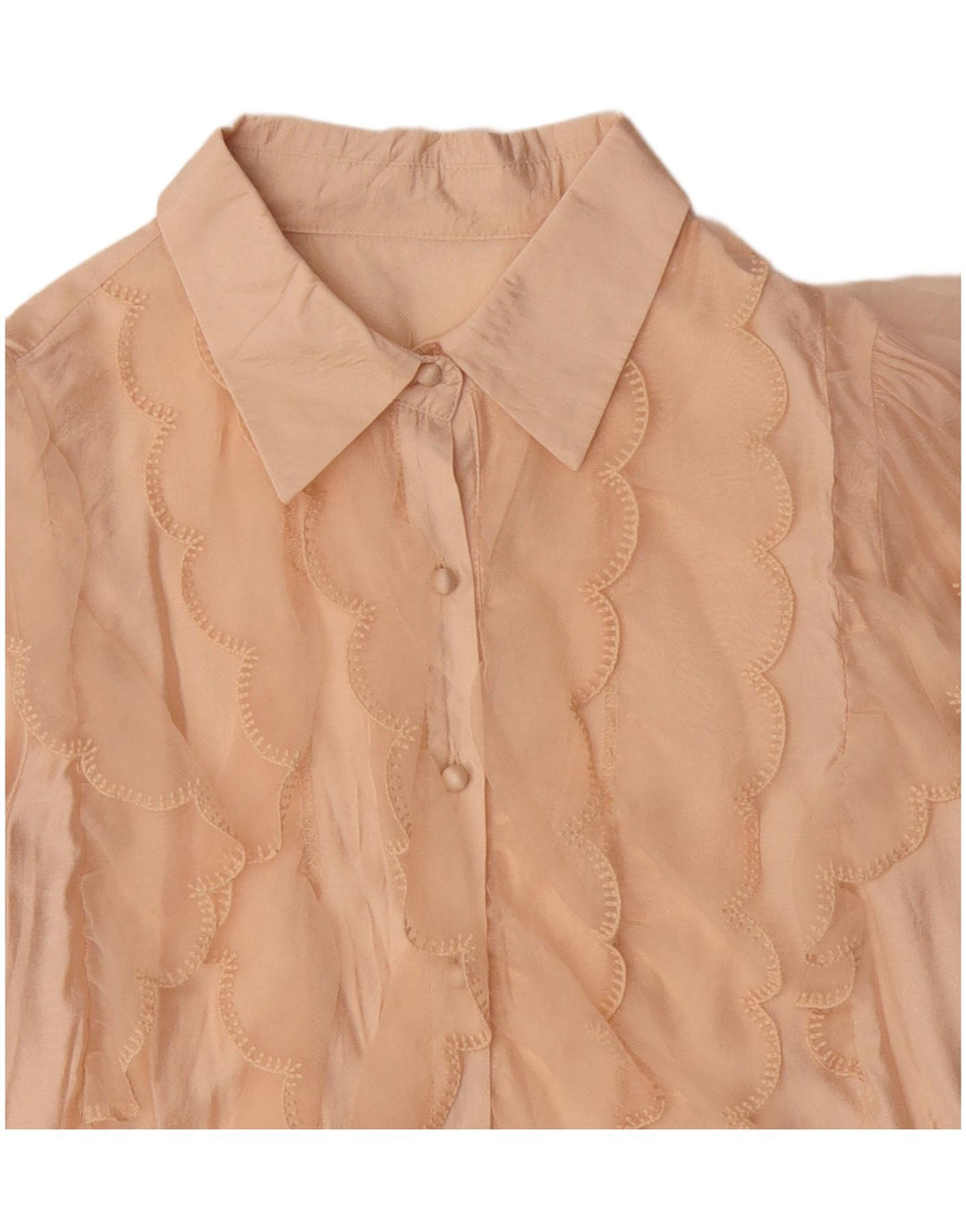 Vintage Womens Crop Ruffle Front Shirt Bluse UK 14 Medium Beige Viscose